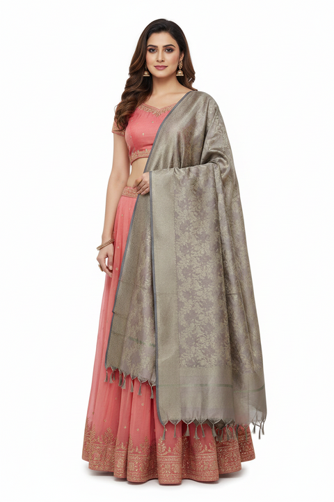 Grey Banarasi Silk Dupatta | Art Silk Jacquard Woven | Party & Festive Wear