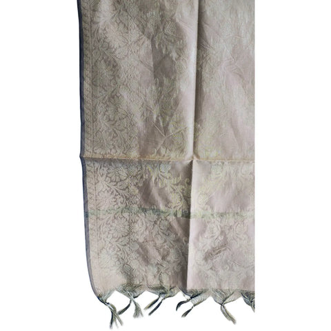 Close-up of Grey Banarasi Silk Dupatta — self-tone silver zari floral weave texture