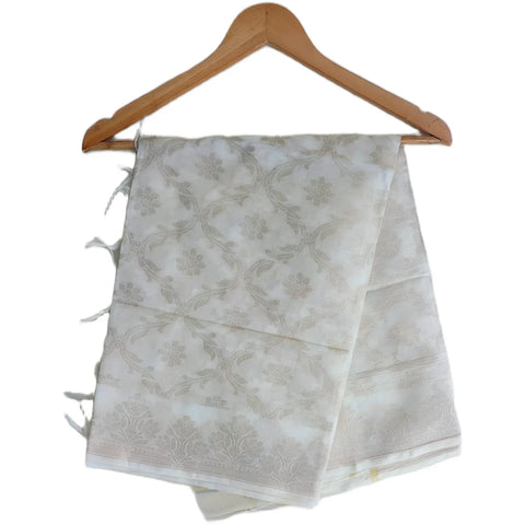 Ivory Banarasi Art Silk Dupatta — Jacquard woven with silver zari lattice floral motifs