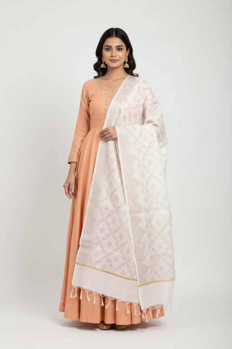 Ivory Banarasi Silk Dupatta | Art Silk Jacquard Woven | Bridal & Wedding Wear