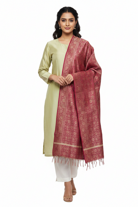 Wine Maroon Banarasi Silk Dupatta | Art Silk Jacquard Woven | Festive & Wedding