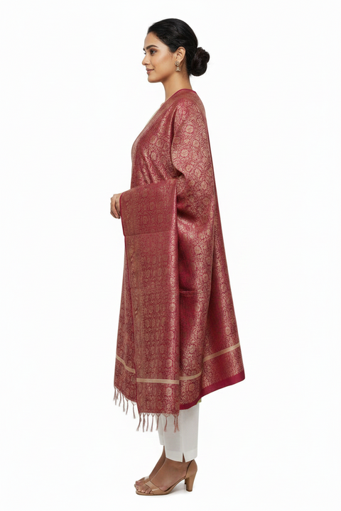 Wine Maroon Banarasi Silk Dupatta | Art Silk Jacquard Woven | Festive & Wedding