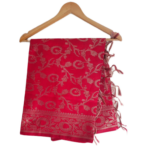 Red Banarasi Art Silk Dupatta — Jacquard woven with gold zari vine and leaf motifs
