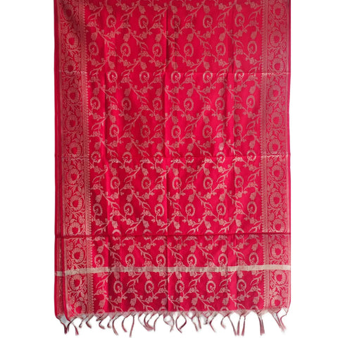 Red Banarasi Silk Dupatta with zari vine motifs draped view — 230x80cm bridal dupatta