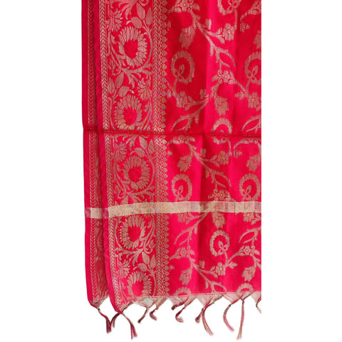 Close-up of Red Banarasi Silk Dupatta — gold zari vine and leaf weave texture detail