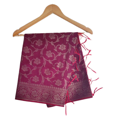 Purple Banarasi Art Silk Dupatta — Jacquard woven with silver zari floral vine motifs