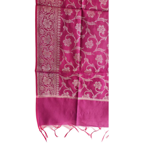 Close-up of Purple Banarasi Silk Dupatta — silver zari floral vine weave texture detail