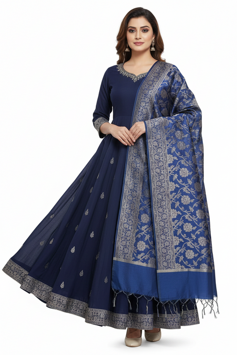 Royal Blue Banarasi Silk Dupatta | Art Silk Jacquard Woven | Wedding & Festive