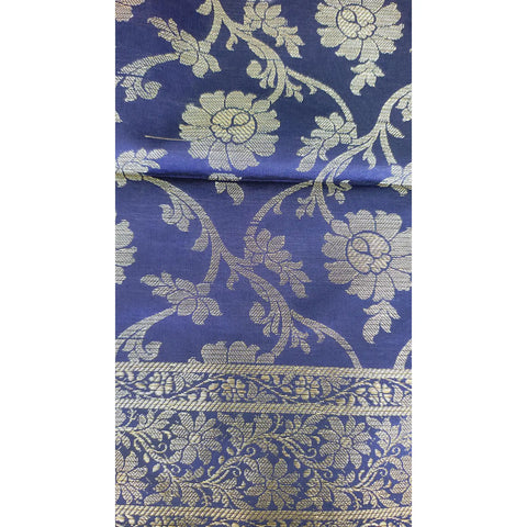 Close-up of Royal Blue Banarasi Silk Dupatta — silver zari all-over floral weave texture