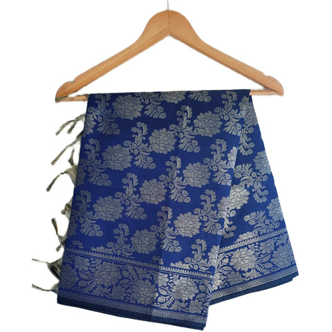 Navy Blue Banarasi Art Silk Dupatta — Jacquard woven with gold zari bouquet floral motifs