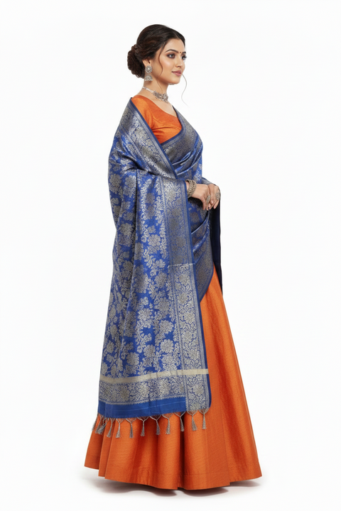 Navy Blue Banarasi Silk Dupatta | Art Silk Jacquard Woven | Wedding & Festive