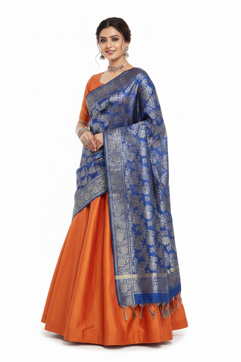 Navy Blue Banarasi Silk Dupatta | Art Silk Jacquard Woven | Wedding & Festive