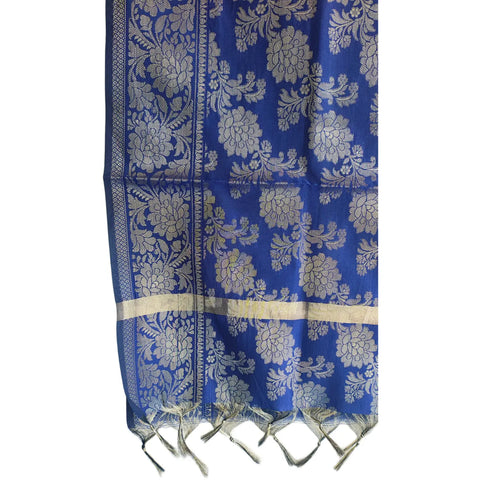 Close-up of Navy Blue Banarasi Silk Dupatta — gold zari bouquet floral weave texture