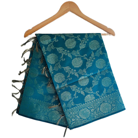 Teal Banarasi Art Silk Dupatta — Jacquard woven with gold zari marigold floral motifs