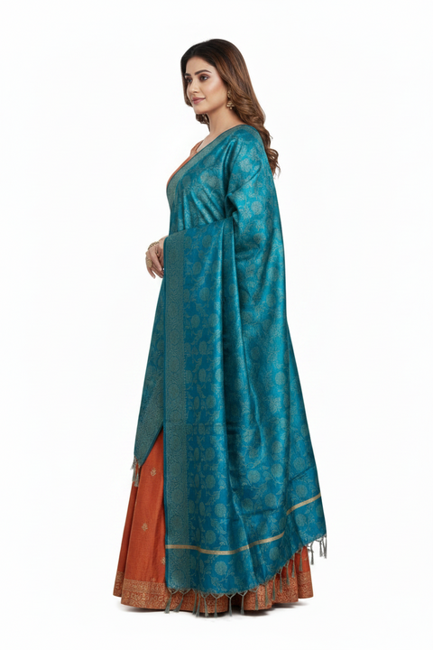 Teal Banarasi Silk Dupatta | Art Silk Jacquard Woven | Festive & Party Wear