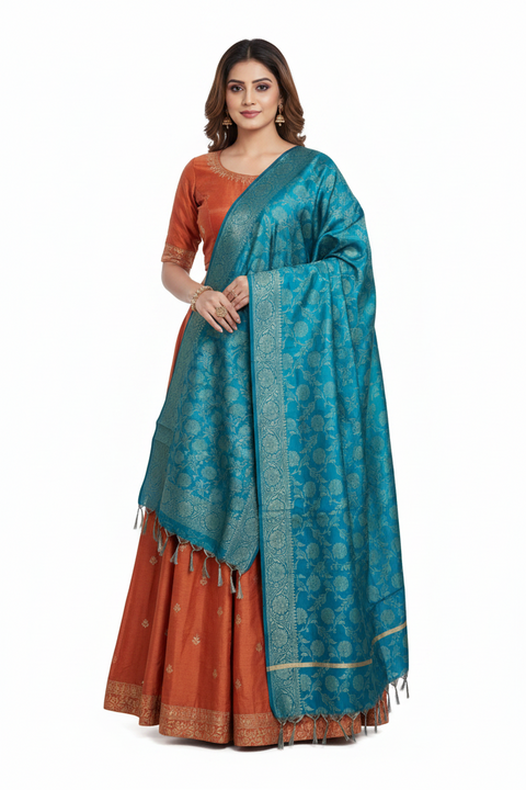 Teal Banarasi Silk Dupatta | Art Silk Jacquard Woven | Festive & Party Wear