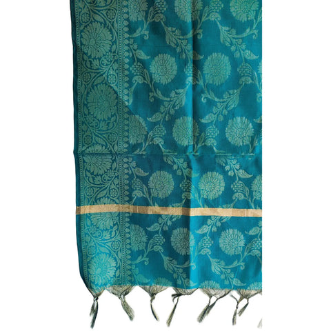 Close-up of Teal Banarasi Silk Dupatta — gold zari marigold floral weave texture detail