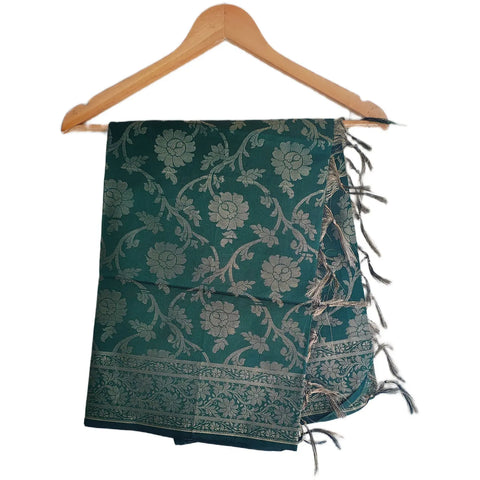 Dark Teal Banarasi Art Silk Dupatta — Jacquard woven with antique gold zari floral jaal