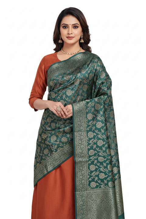Dark Teal Banarasi Silk Dupatta | Art Silk Jacquard Woven | Festive & Formal