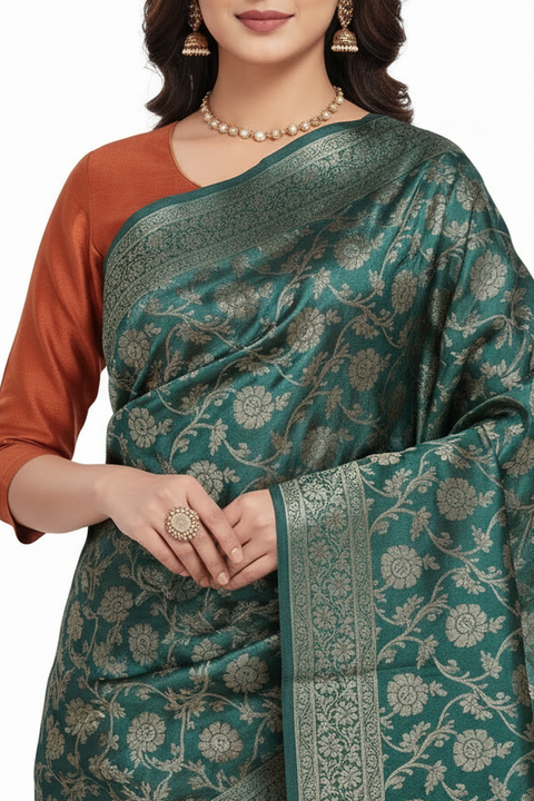 Dark Teal Banarasi Silk Dupatta | Art Silk Jacquard Woven | Festive & Formal