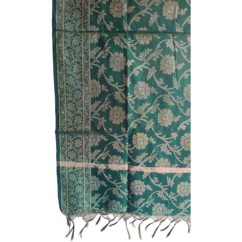 Close-up of Dark Teal Banarasi Silk Dupatta — antique gold zari jaal weave texture detail