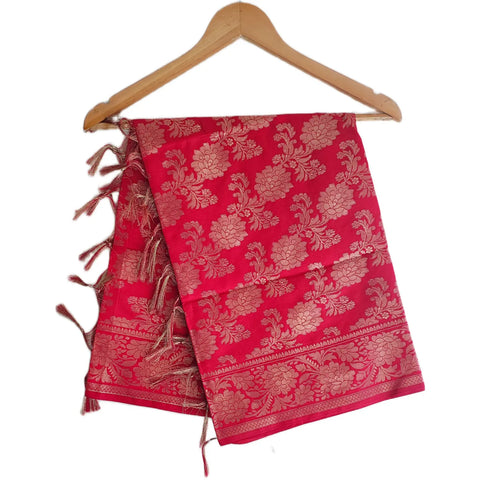 Scarlet Red Banarasi Art Silk Dupatta — Jacquard woven with gold zari bouquet floral motifs