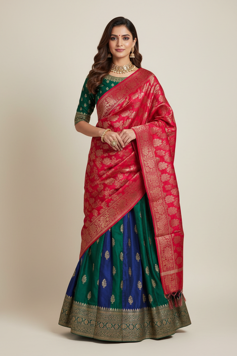 Scarlet Red Banarasi Silk Dupatta | Art Silk Jacquard Woven | Bold Festive Wear