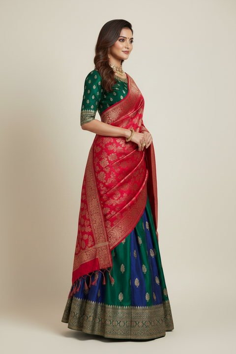 Scarlet Red Banarasi Silk Dupatta | Art Silk Jacquard Woven | Bold Festive Wear