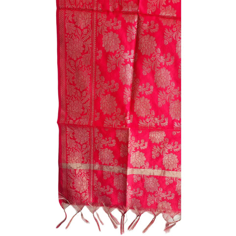 Close-up of Scarlet Red Banarasi Silk Dupatta — gold zari bouquet floral weave texture