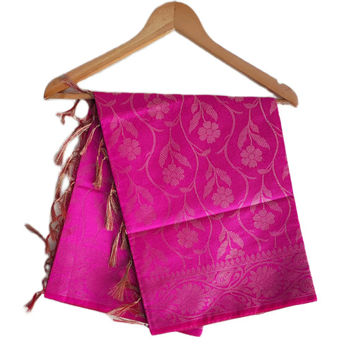 Fuchsia Banarasi Art Silk Dupatta — Jacquard woven with gold zari paisley and leaf motifs