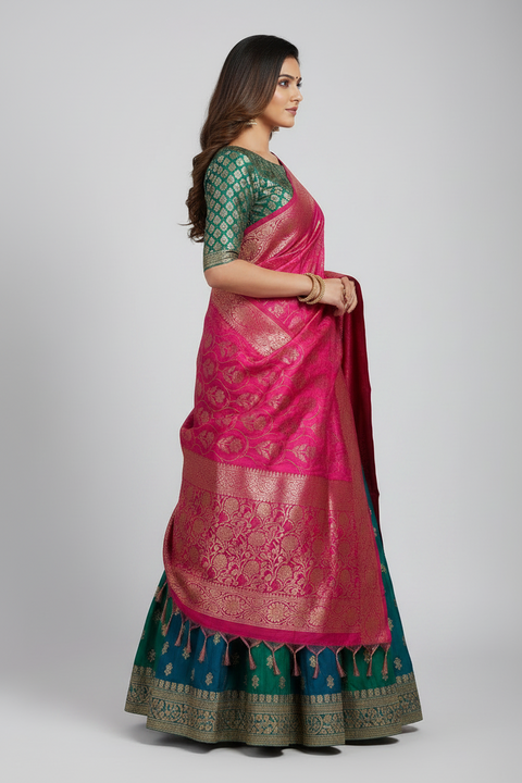 Fuchsia Banarasi Silk Dupatta | Art Silk Jacquard Woven | Mehndi & Sangeet