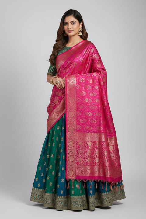Fuchsia Banarasi Silk Dupatta | Art Silk Jacquard Woven | Mehndi & Sangeet