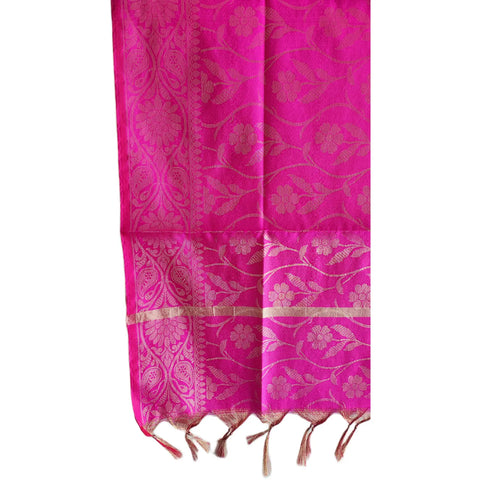 Close-up of Fuchsia Banarasi Silk Dupatta — gold zari paisley leaf weave texture detail