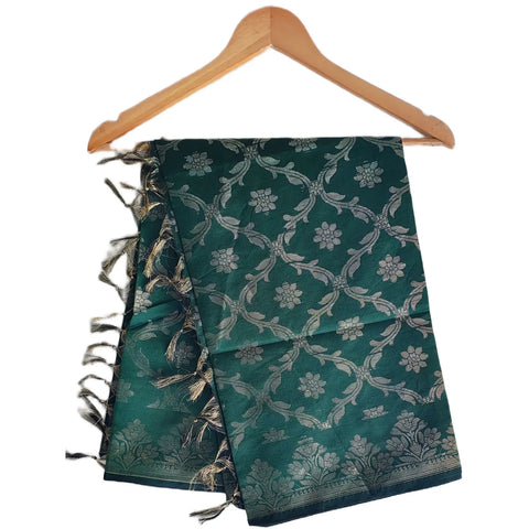 Bottle Green Banarasi Art Silk Dupatta — Jacquard woven with gold zari lattice floral motifs