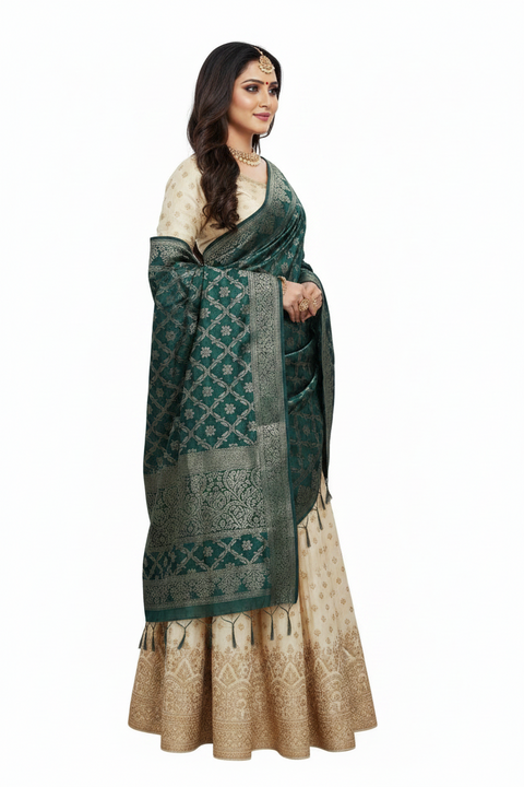Bottle Green Banarasi Silk Dupatta | Art Silk Jacquard Woven | Festive & Wedding