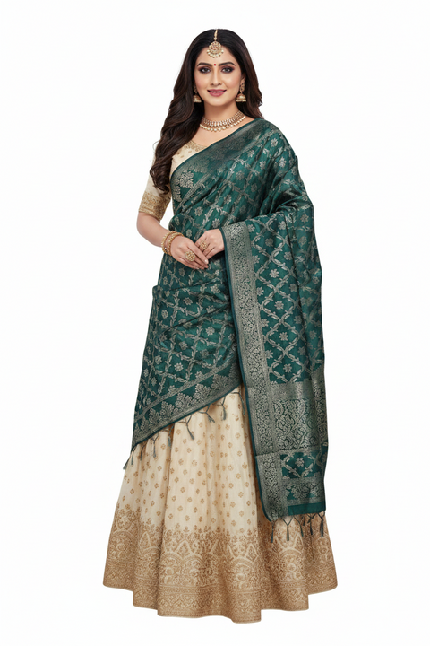 Bottle Green Banarasi Silk Dupatta | Art Silk Jacquard Woven | Festive & Wedding