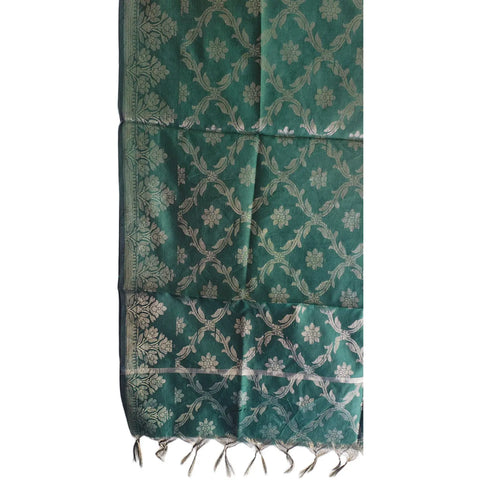 Close-up of Bottle Green Banarasi Silk Dupatta — gold zari lattice floral weave texture
