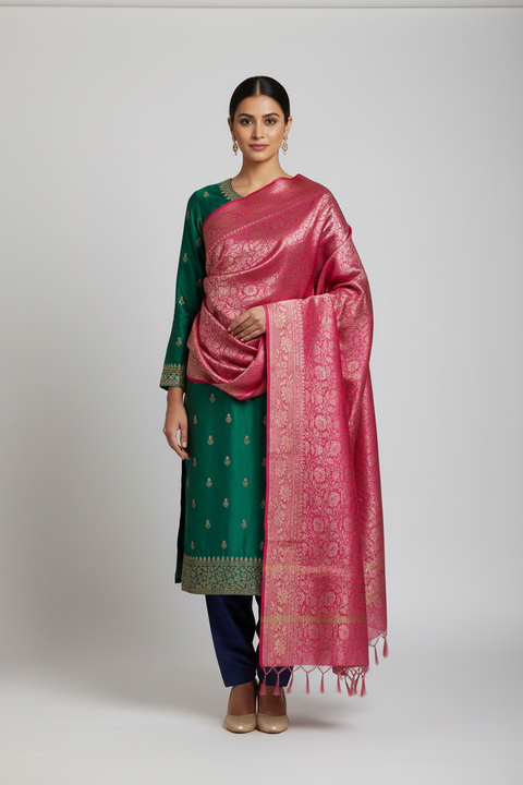 Pink Banarasi Silk Dupatta with Floral Jaal | Art Silk Jacquard Woven | Bridal