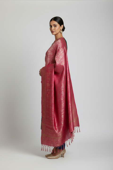 Pink Banarasi Silk Dupatta with Floral Jaal | Art Silk Jacquard Woven | Bridal