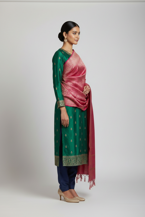 Pink Banarasi Silk Dupatta with Floral Jaal | Art Silk Jacquard Woven | Bridal