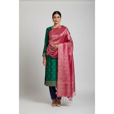 Pink Banarasi Silk Dupatta with Floral Jaal | Art Silk Jacquard Woven | Bridal
