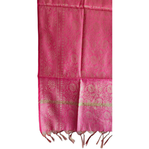 Close-up of Pink Banarasi Silk Dupatta — dense gold zari floral jaal weave texture detail