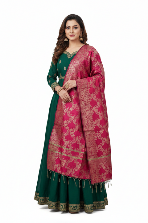 Rani Pink Banarasi Silk Dupatta | Art Silk Jacquard Woven | Royal Wedding Wear