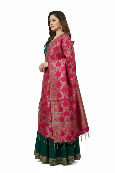 Rani Pink Banarasi Silk Dupatta | Art Silk Jacquard Woven | Royal Wedding Wear