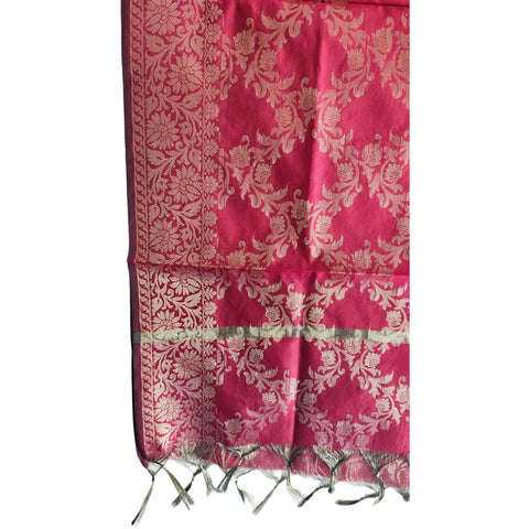 Close-up of Rani Pink Banarasi Silk Dupatta — antique gold zari floral weave texture detail