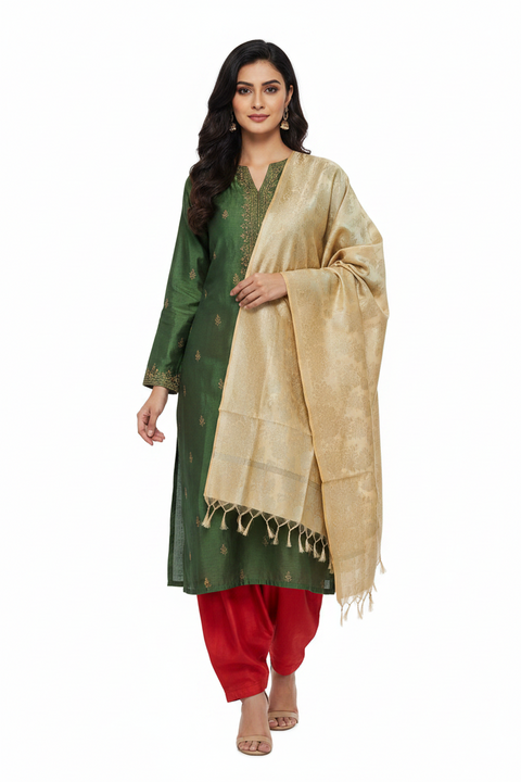 Champagne Banarasi Silk Dupatta | Art Silk Jacquard Woven | Bridal Trousseau