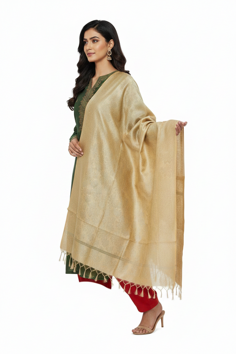 Champagne Banarasi Silk Dupatta | Art Silk Jacquard Woven | Bridal Trousseau
