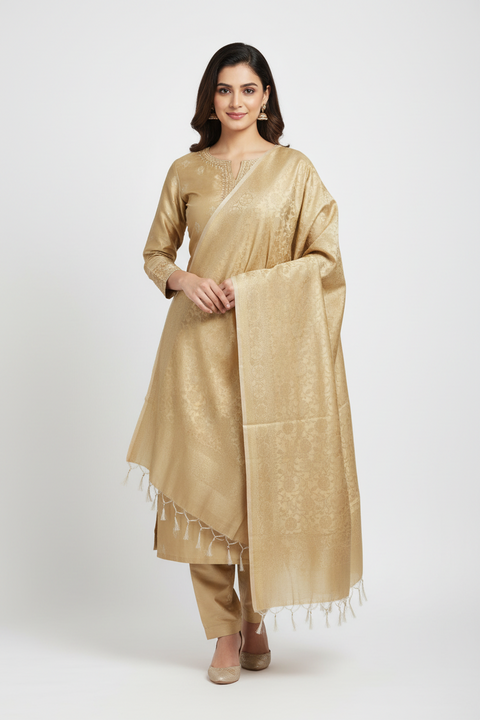 Beige Banarasi Silk Dupatta with Paisley | Art Silk Jacquard Woven | Festive