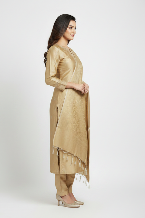 Beige Banarasi Silk Dupatta with Paisley | Art Silk Jacquard Woven | Festive