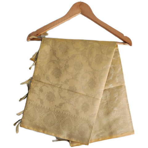 Cream Beige Banarasi Art Silk Dupatta — self-tone Jacquard zari floral and buti weave